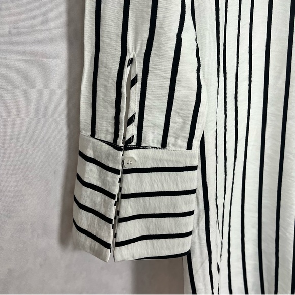 White and black strip button down long sleeve shirt wrap dress linen - Picture 9 of 13